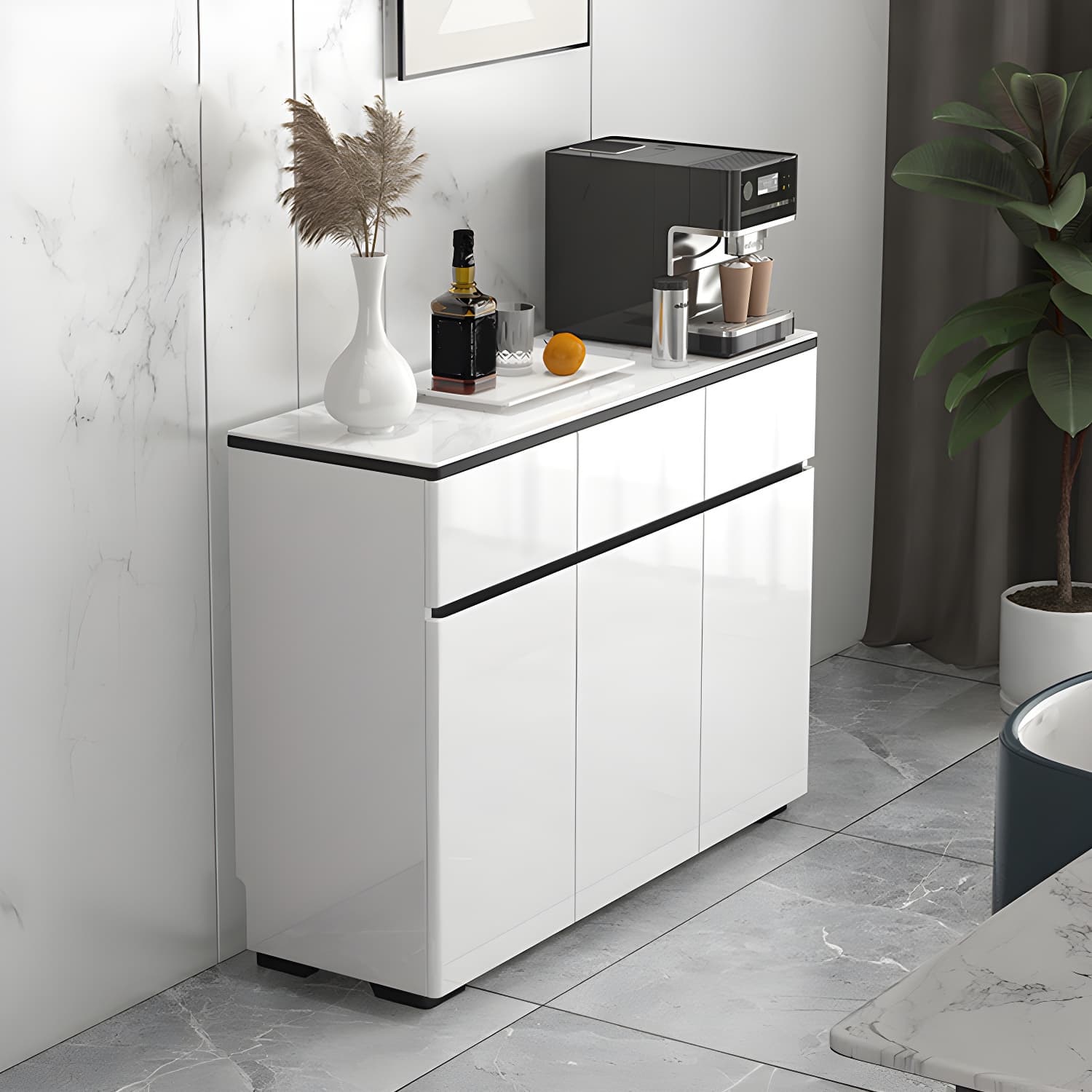 Modern White Sideboard with Glass Countertop, Cabinets, and Drawers - image 3
