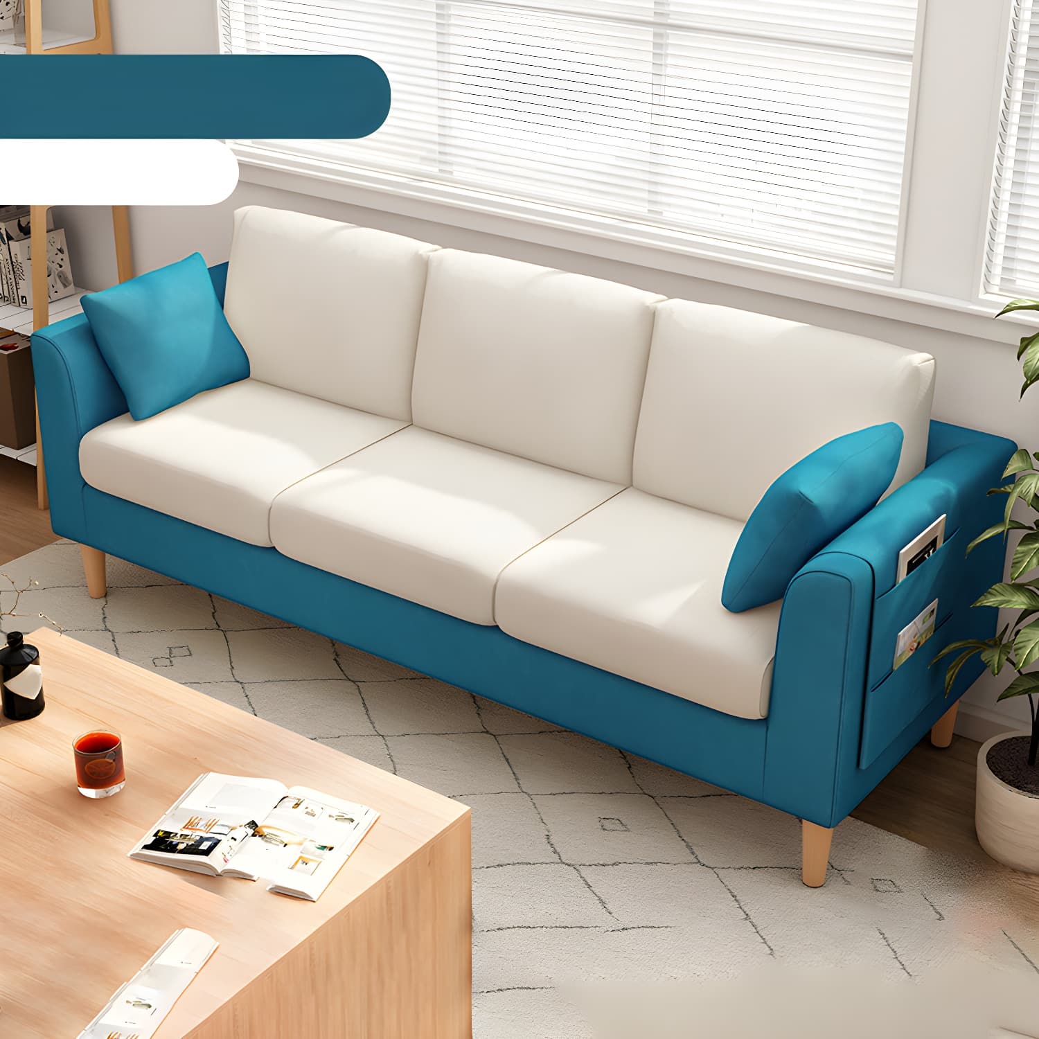 Scandinavian 3 Seater Sofa with Pillows Back and Tuxedo Arm and Solid Wood Legs - image 4