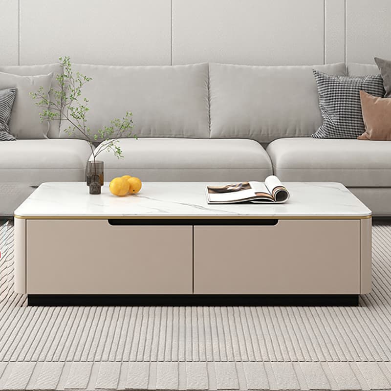Contemporary Design Cream Oblong Sintered Stone Single Board Game Coffee Table with Block/Four Legs and Scratch Resistant