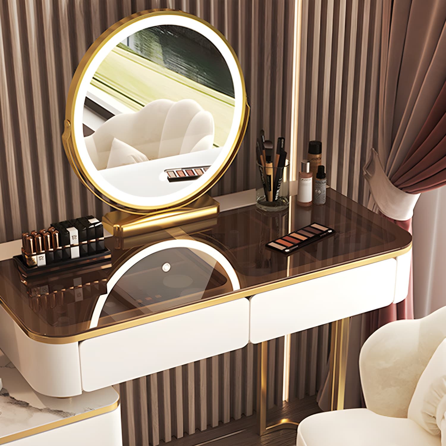 Glass Top Make-up Vanity Wood Dressing Table with Storage Drawers - image 6
