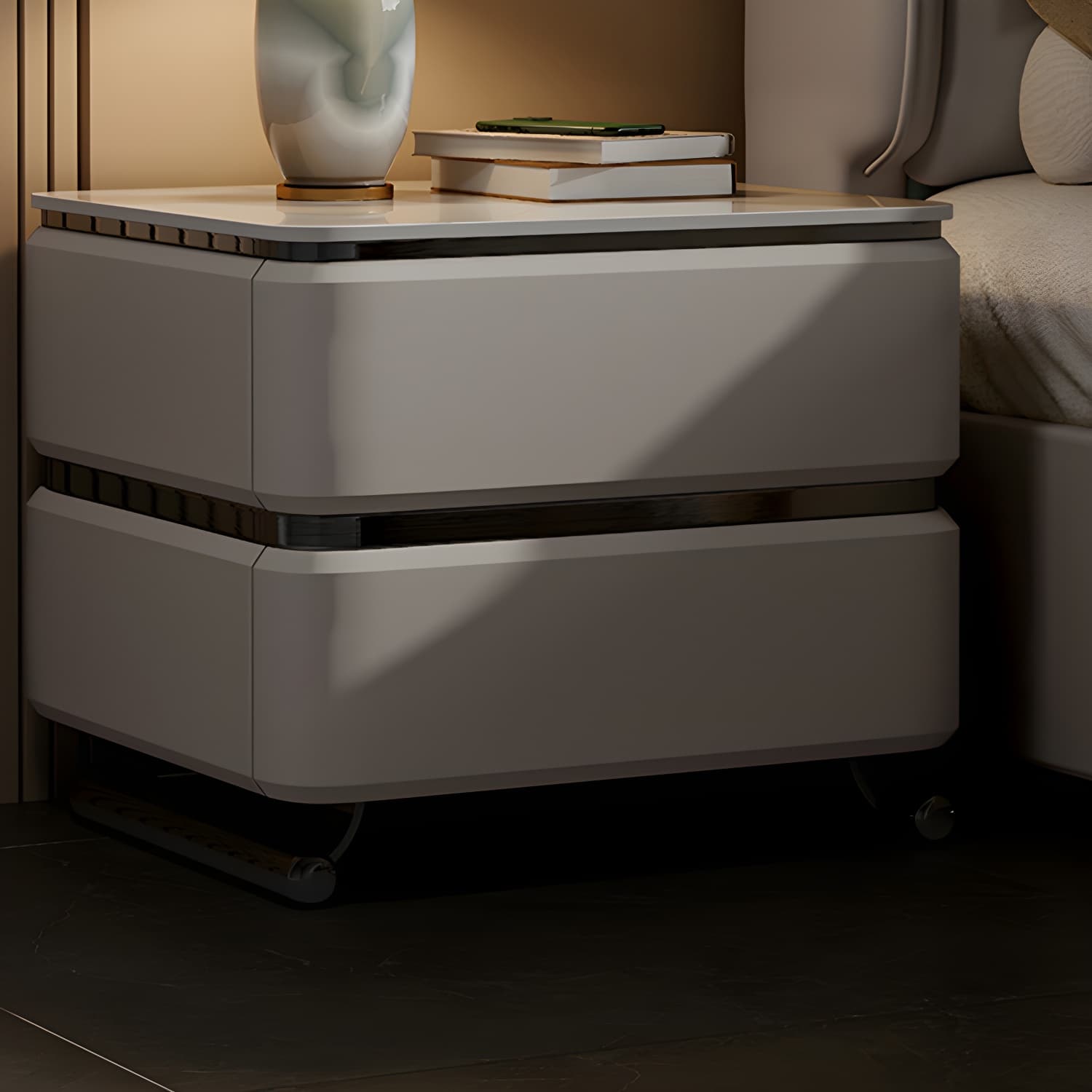 Small Modern Faux Leather Nightstand with Drawer Storage in Stone Finish - image 14