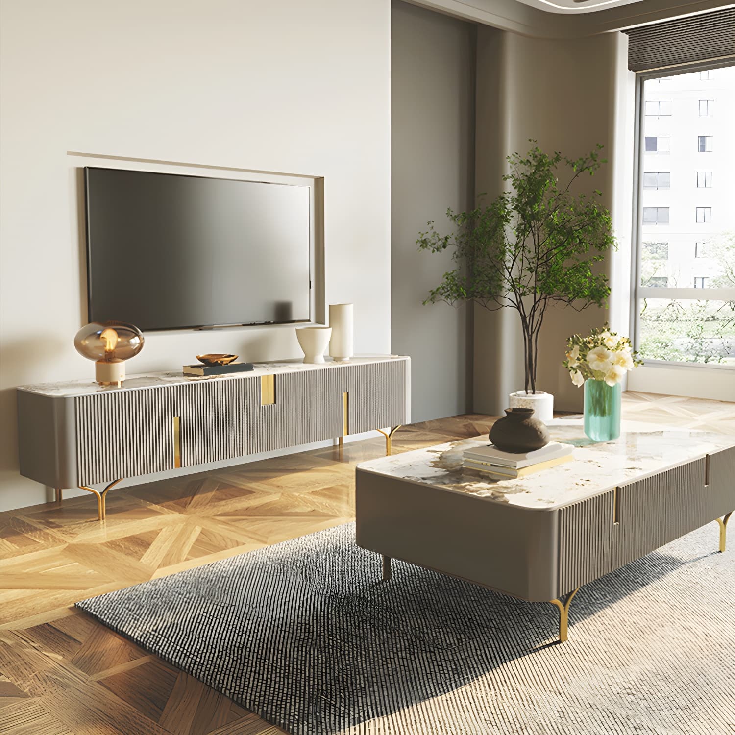 Enclosed Storage TV Stand Console Stone TV Media Console with Legs - image 4