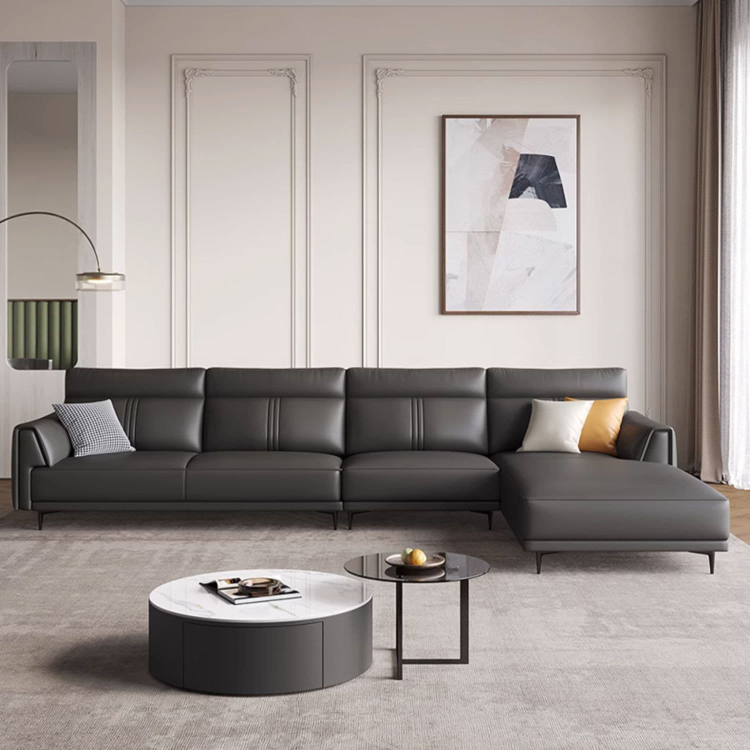 Modern Black Leather Stationary Sectional Sofa with Flared Arm and Cushion Back - image 4
