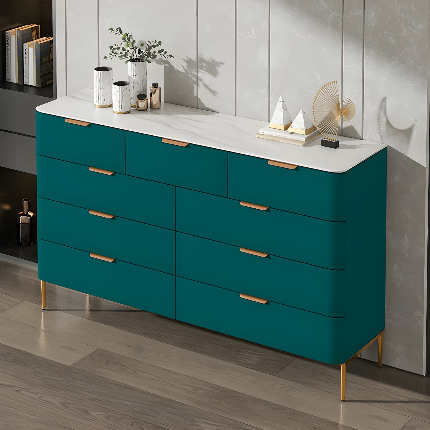 Modern Faux Leather Double Dresser with Solid Wood and Gold Accent Handles