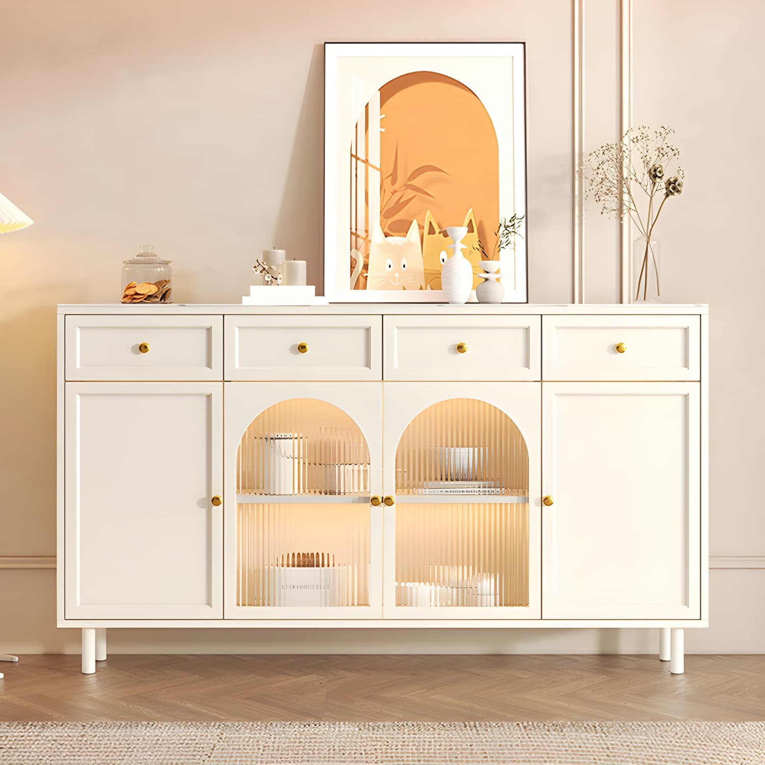Scandinavian Wood Sideboard with Stone Countertop and Glass Doors - image 6