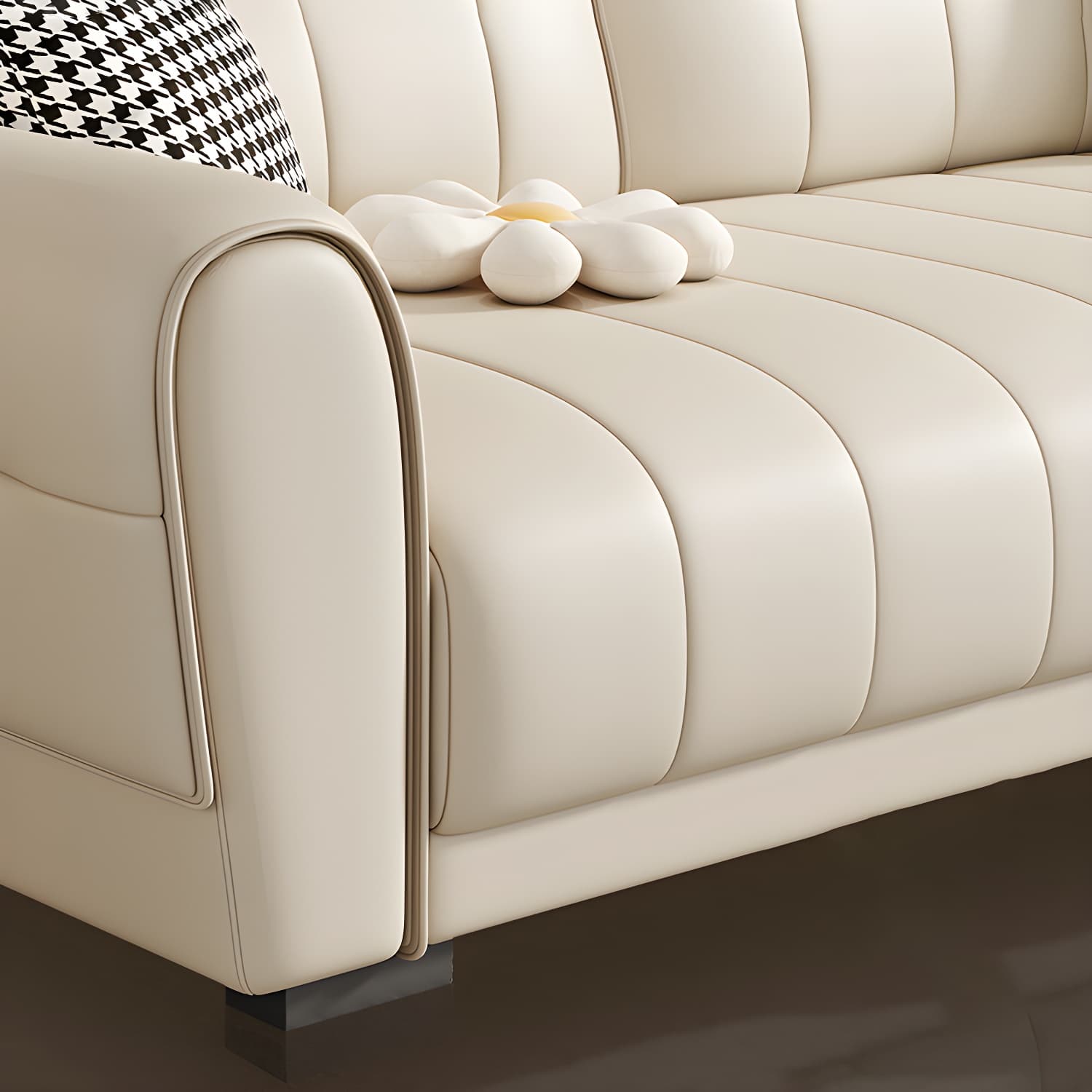 Scandinavian Wood Frame Beige Faux Leather Sectional with Cushion Back - image 10