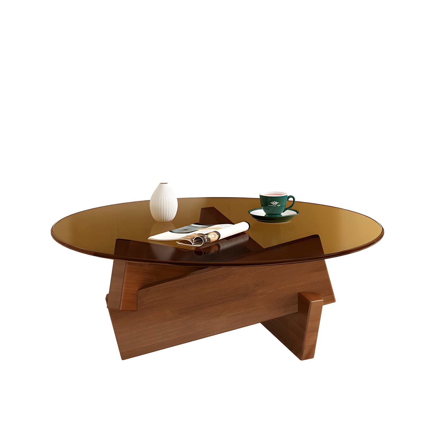 Stylish Round Glass Coffee Table with Tempered Top and Abstract Wood Base - image 7