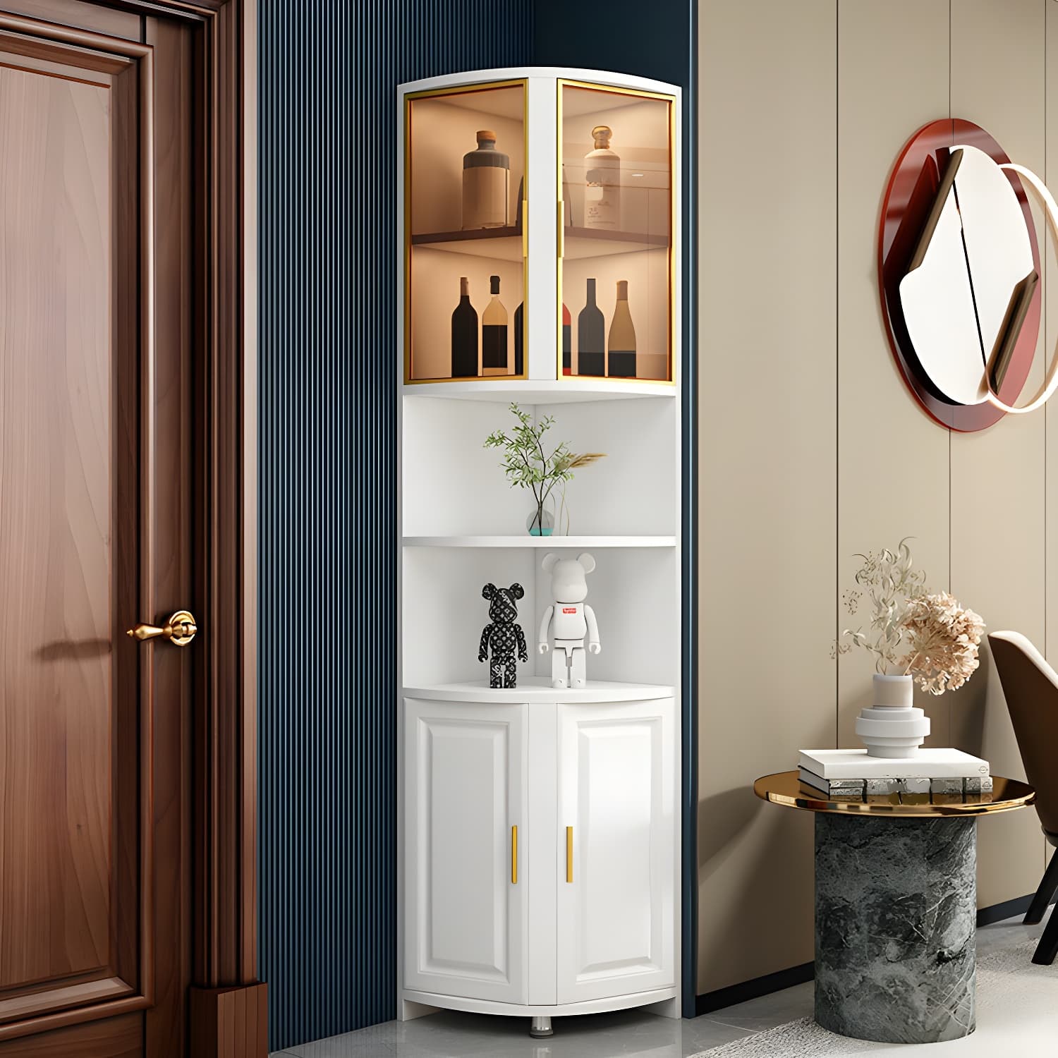 Modern White Corner Accent Cabinet with Glass Doors and Cabinets Included - image 3