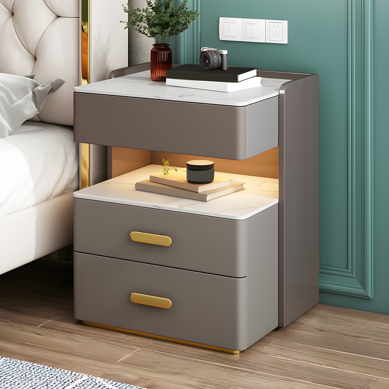 Open Storage Night Table Modern Bed Nightstand with 3 Drawers - image 5
