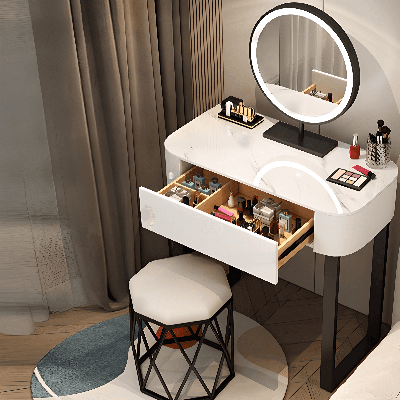 Casual Small/Standard Vanity Set with White Chair, Iron Frame, Drawer, and Mirror Lights - image 3