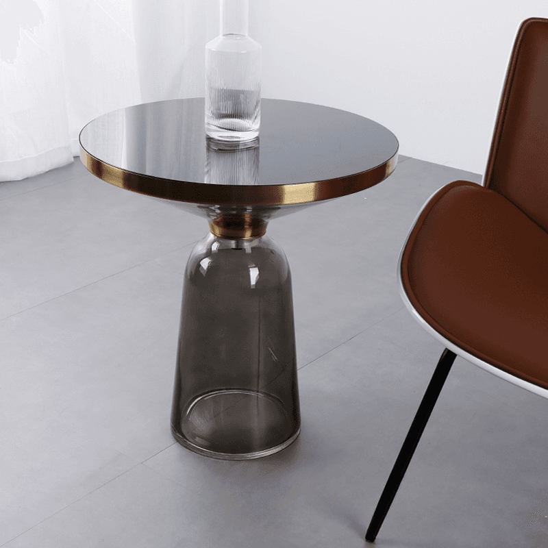 Simplistic Single Side Table with Hardened Glass and Plinth Base, Rounded Top