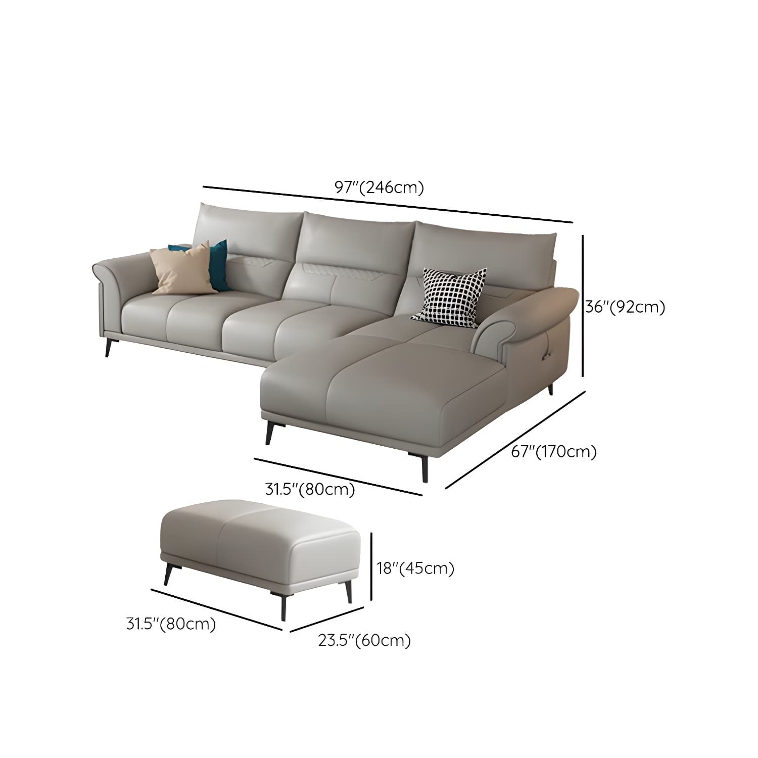 Modern Gray Genuine Leather Stationary Sectional Sofa with Flared Arms - image 18