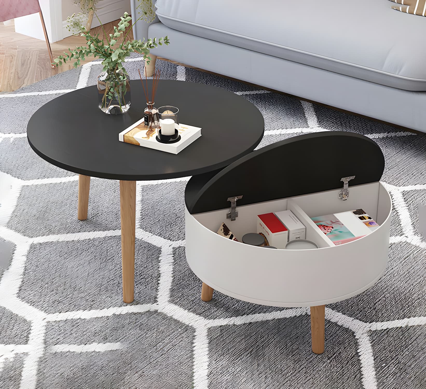 Round Solid Wood 3 Legs Coffee Table with Storage Drawers Modern Cocktail Table - image 11