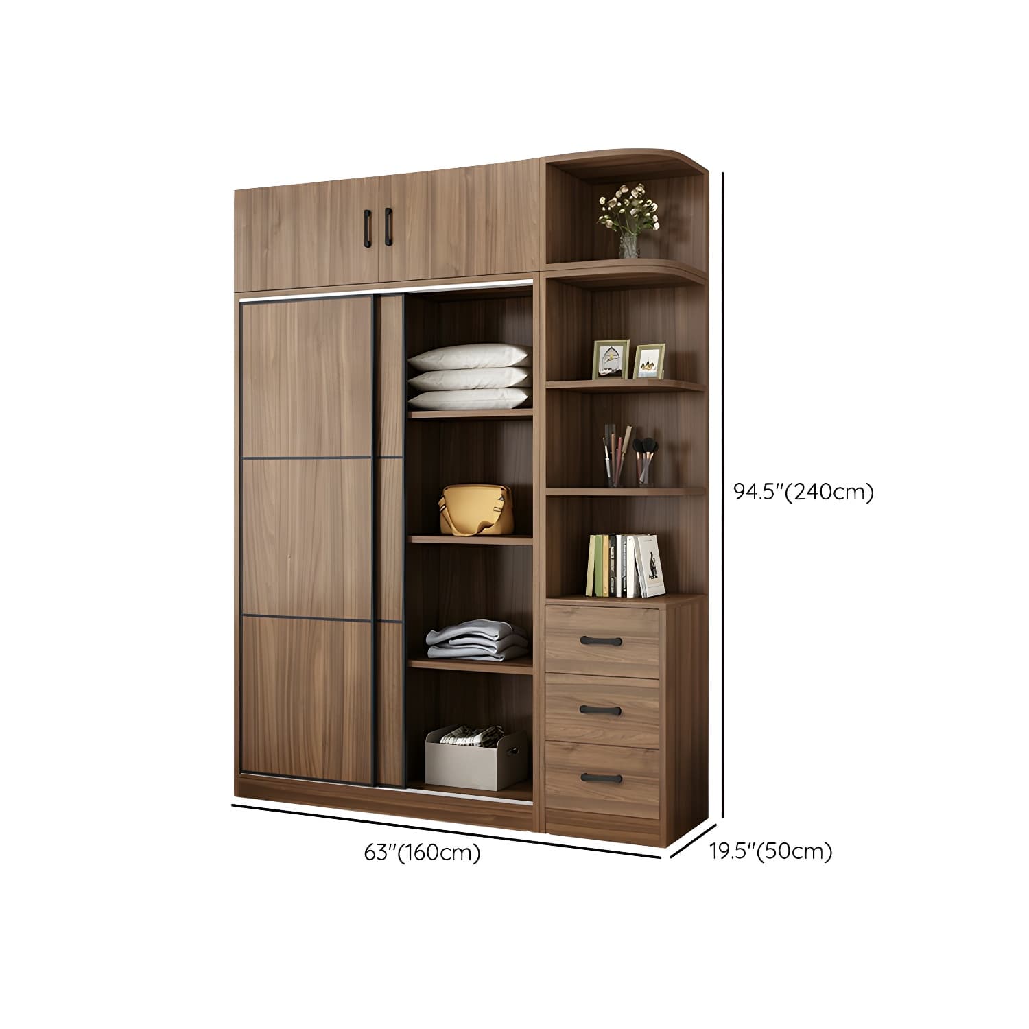 Non-Adjustable Traditional Brown Wood Wardrobe Armoire with Sliding Doors & Soft Close Drawers - image 28