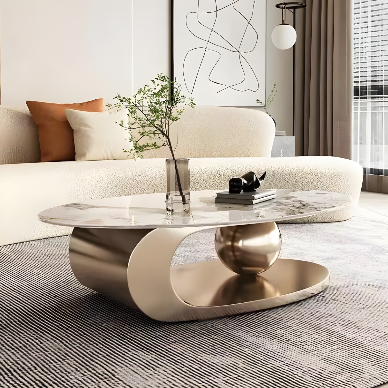 Glam Stone Coffee Table - Beige Oval Shape with Abstract Stainless Steel Base and Scratch Resistant - image 4