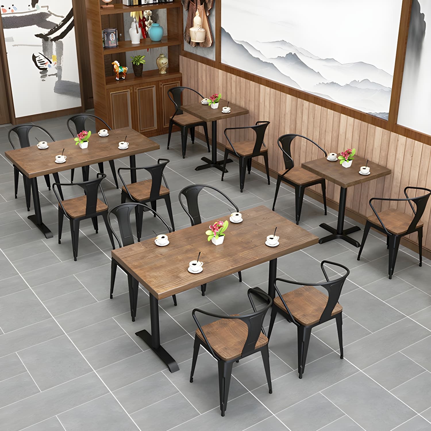 Solid Wood Dining Table Industrial Square Dining Table with Metal Base - image 8