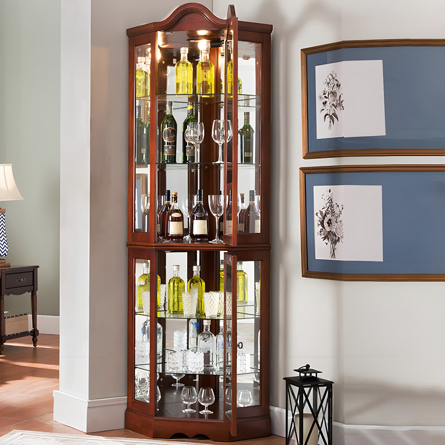 Rubberwood & Glass Triangle Corner Cabinet in Brown with Storage Shelves