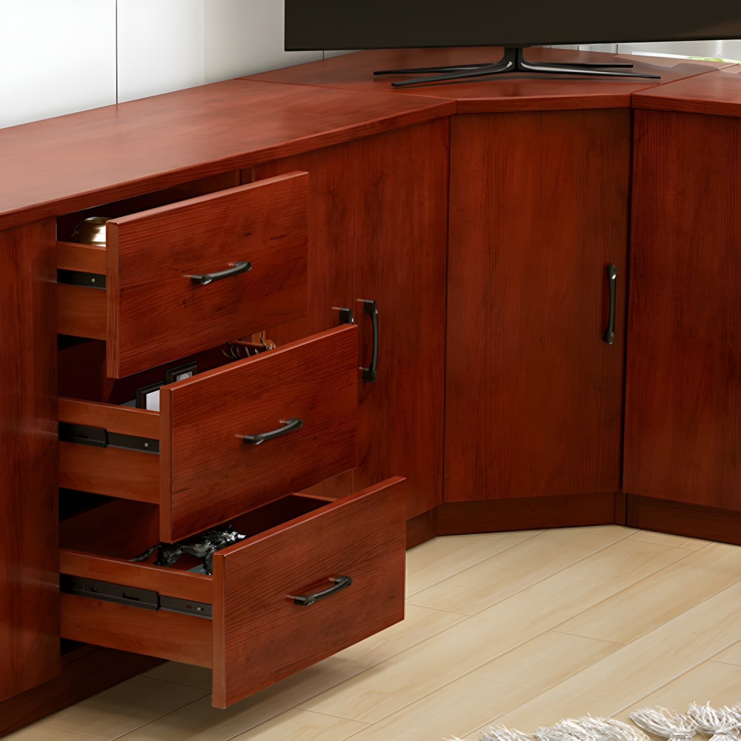 Modern Solid Wood Corner TV Stand Console with Storage Drawers & Shelves - image 9