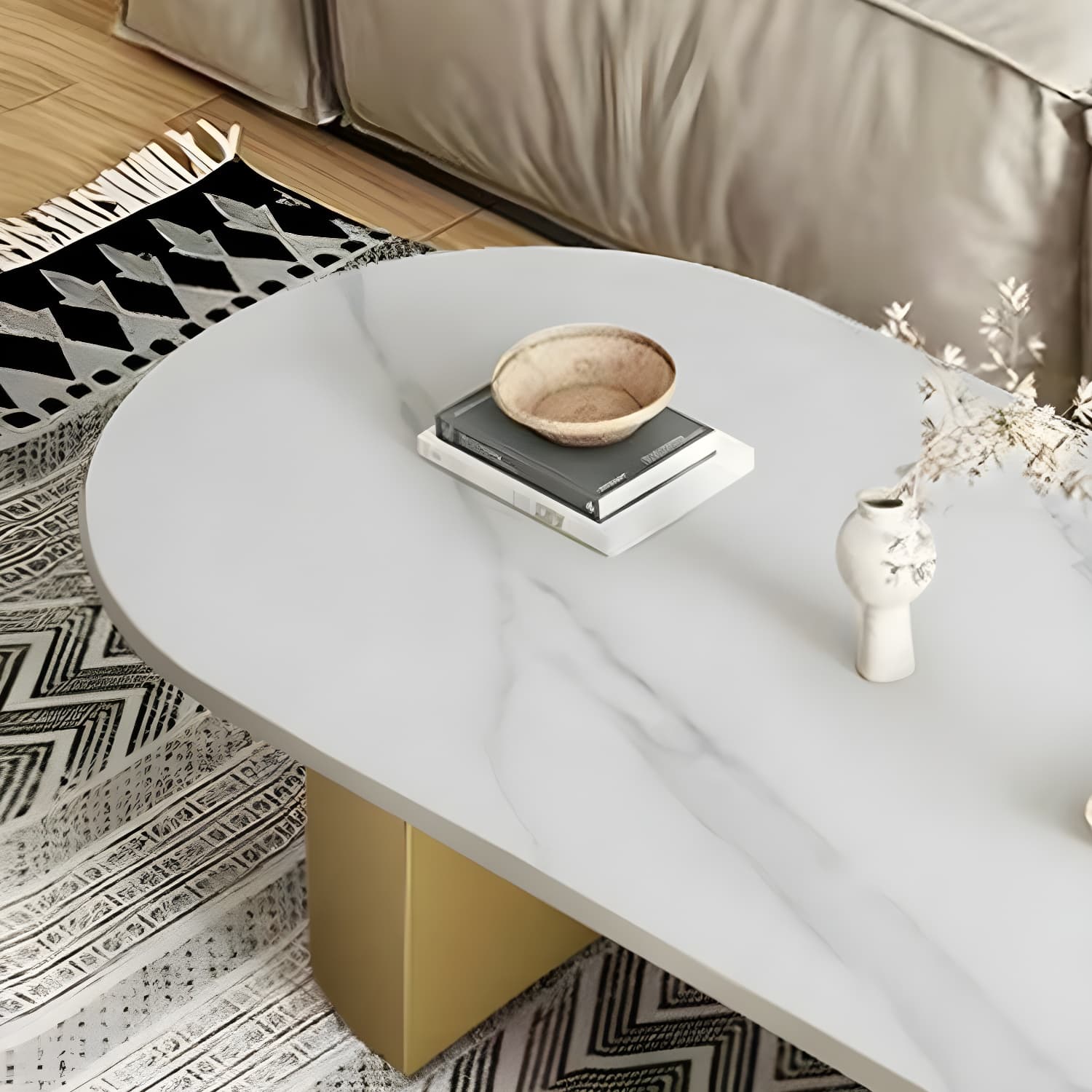 Modern Oval Stone Coffee Table with Double Pedestal Base for Living Room - image 8