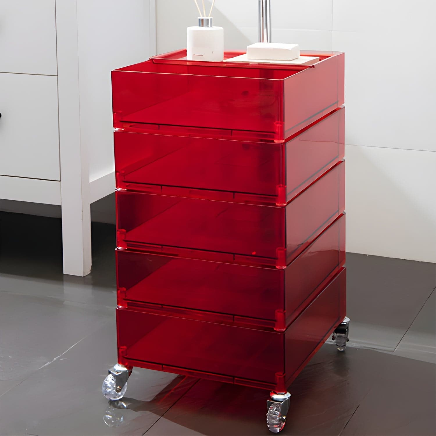 Plastic Five-Drawer Nightstand 28" H Night Table with Casters - image 4
