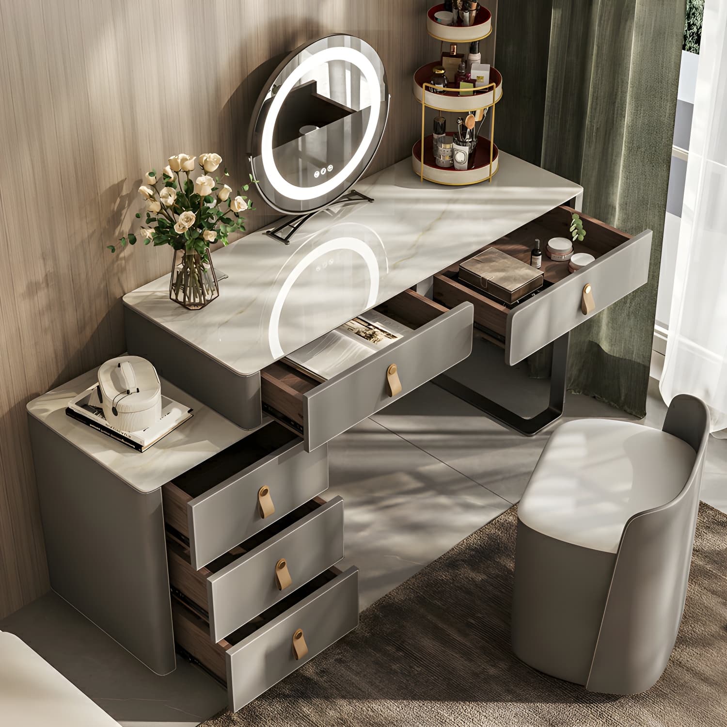 Contemporary 5-Drawer Wood Frame Slate Top Makeup Vanity Desk Table in Gray - image 4