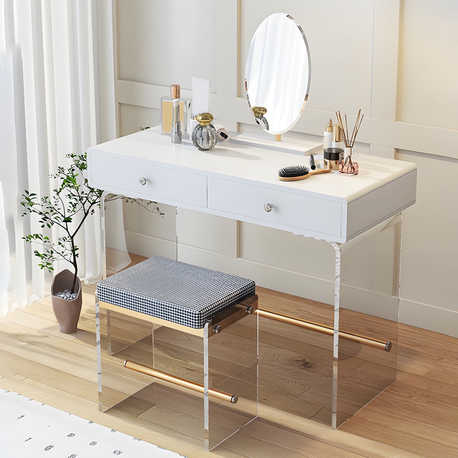 2 Drawers Clear Acrylic Makeup Table Contemporary 17.72" D Vanity Set with Stool & Mirror - image 16