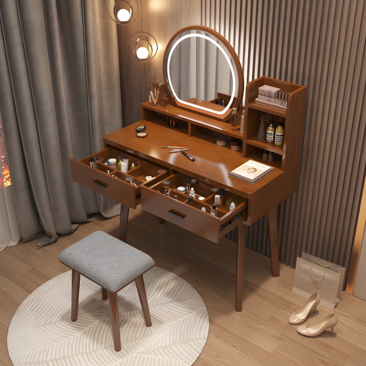 Traditional Bedroom With Drawer Solid Wood Lighted Mirror Make-up Vanity - image 4
