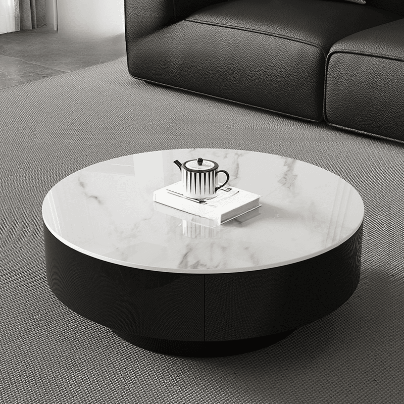 Elegant 1-Tier Circular-shaped Slate Side Table with Drum Base and Midnight Black Top, Includes 2 Drawers/1 Drawer - image 3
