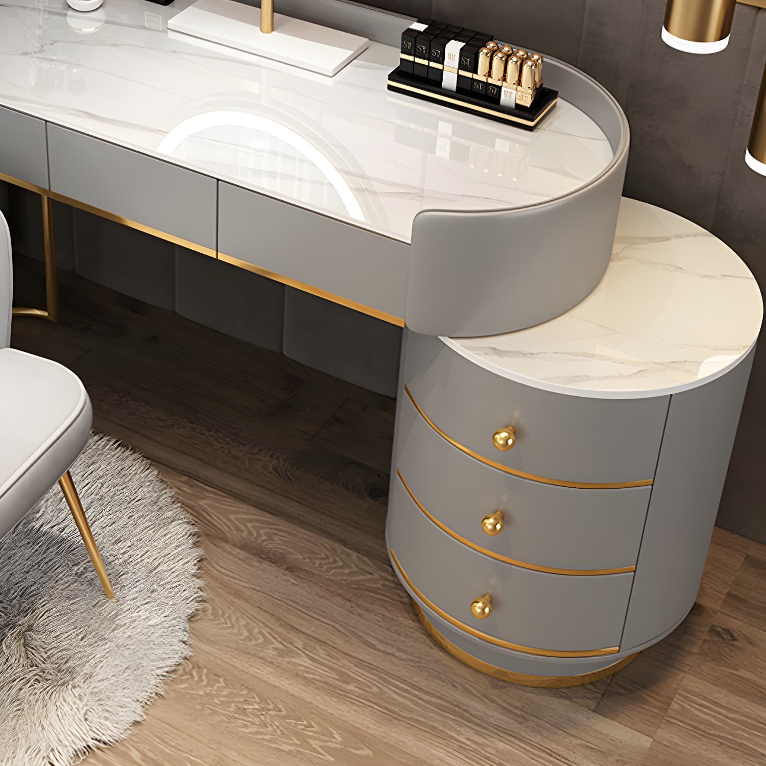 Contemporary Bedroom Metallic Lighted Mirror With Drawer Makeup Vanity Set - image 12
