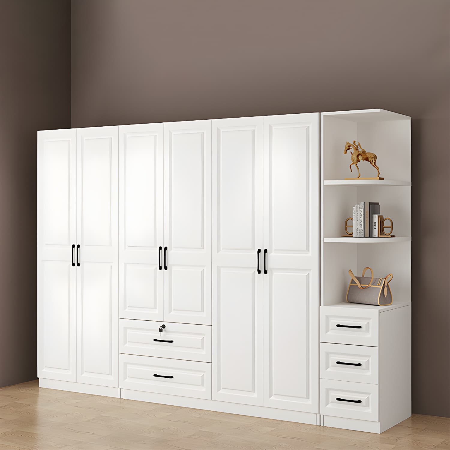 Wood White Modern Wardrobe Armoire with Drawers, Shelves, and Clothing Rod - image 11