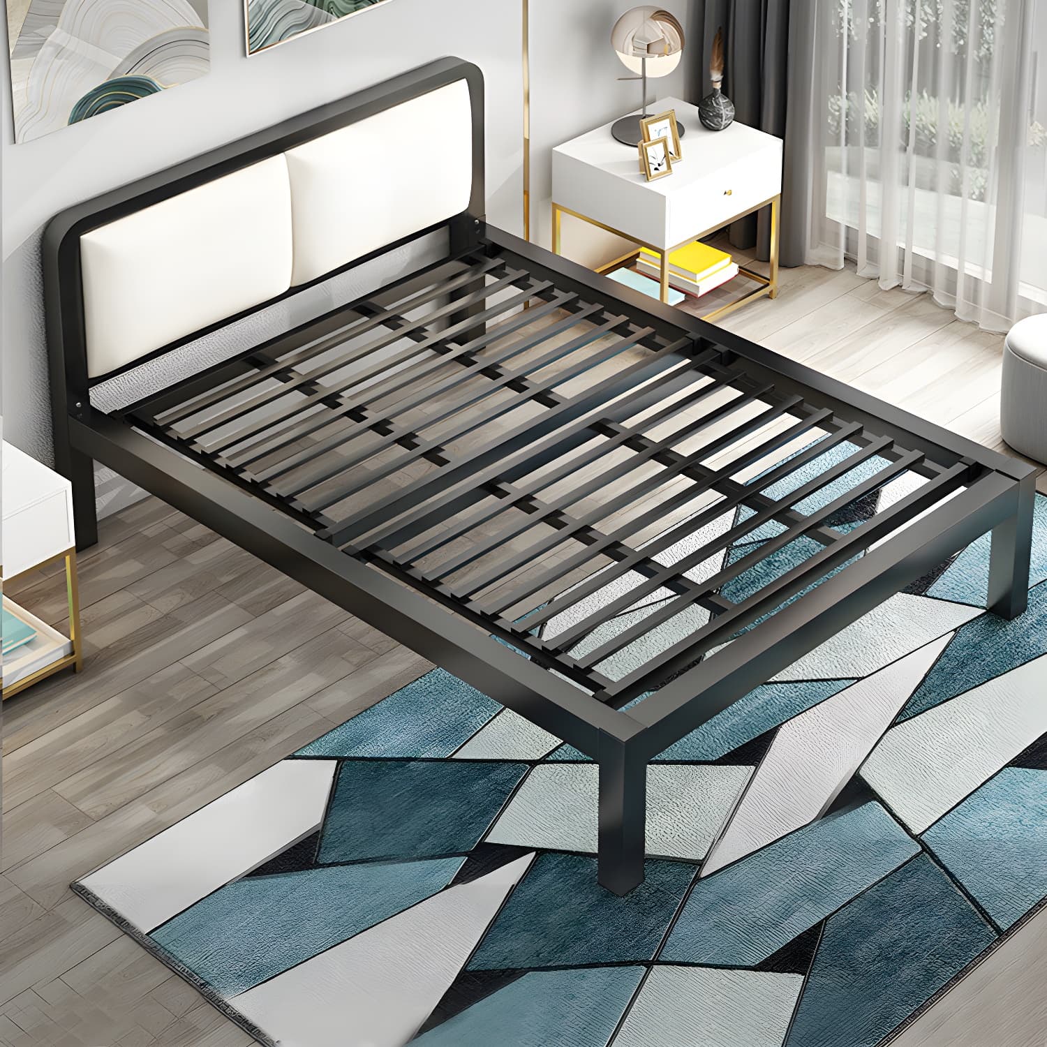 Slat Bed 36.61"H Adjustable Height with Open-Frame Upholstered Headboard