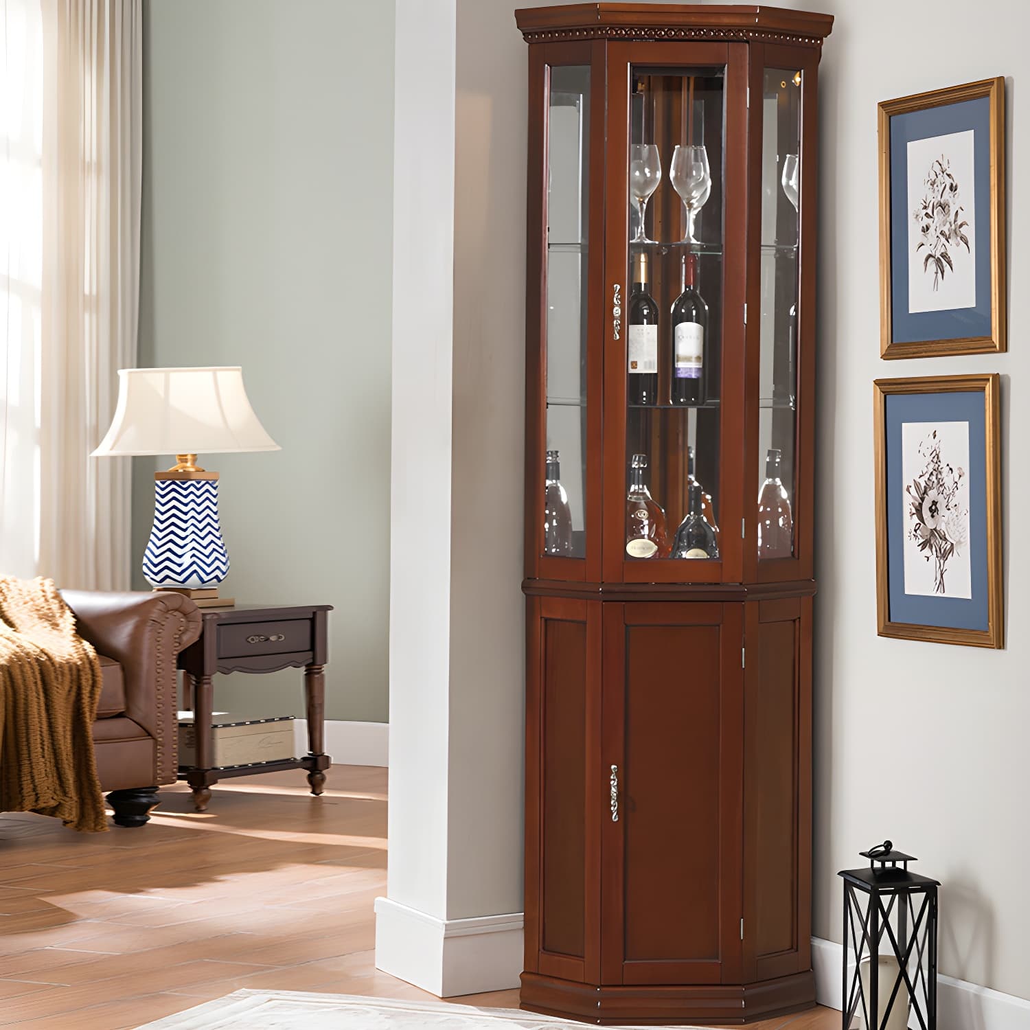Rubberwood & Glass Triangle Corner Cabinet in Brown with Storage Shelves - image 4