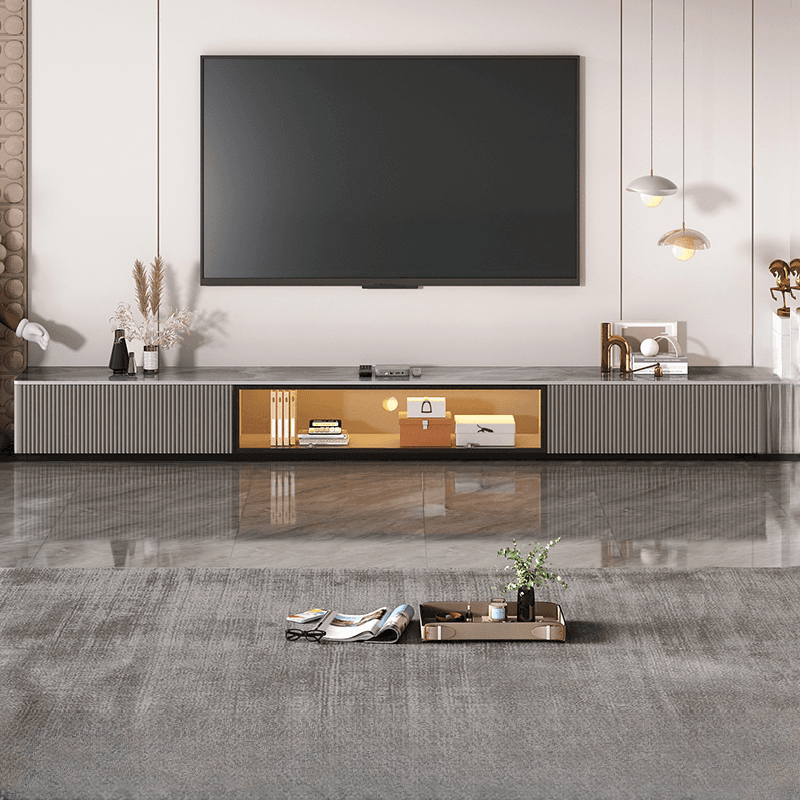 Art Deco Sintered Stone Rectangular TV Stand with 2 Drawers, Hutch, Cable Management, and Light