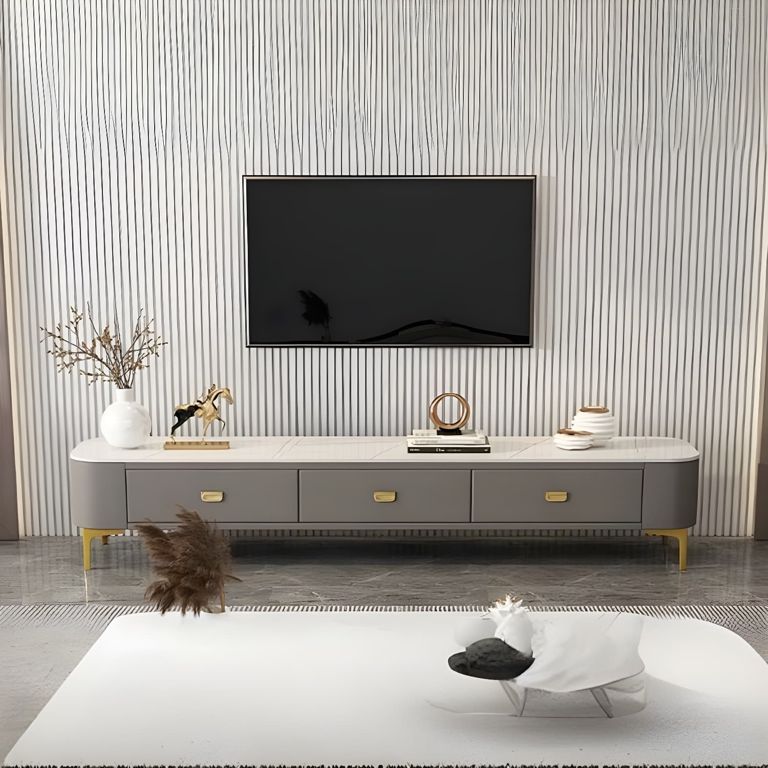 Modern Glass TV Stand with Low Height, 3 Drawers, Legs, and Easy Partial Assembly - image 5