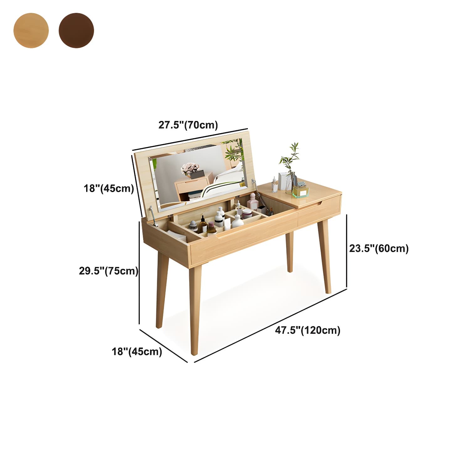 Solid Wood 1/4-Drawer Vanity Makeup Table with Mirror and Stool - 17.72" D - image 23