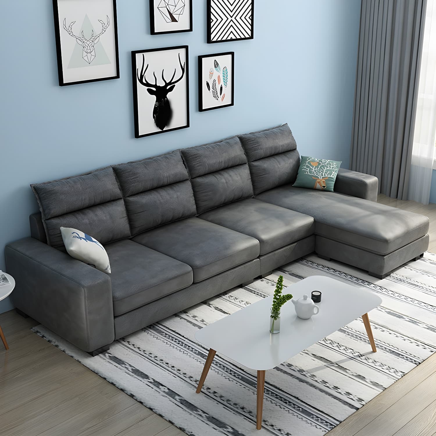 Scandinavian Wood Frame L-Shaped Modular Sofa Chaise in 2 Piece Set with Black Legs - image 14