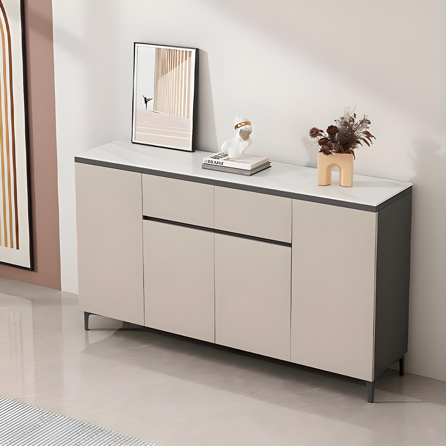 Wooden Modern Stone Countertop Buffet Sideboard with Drawers for Living Room - image 5