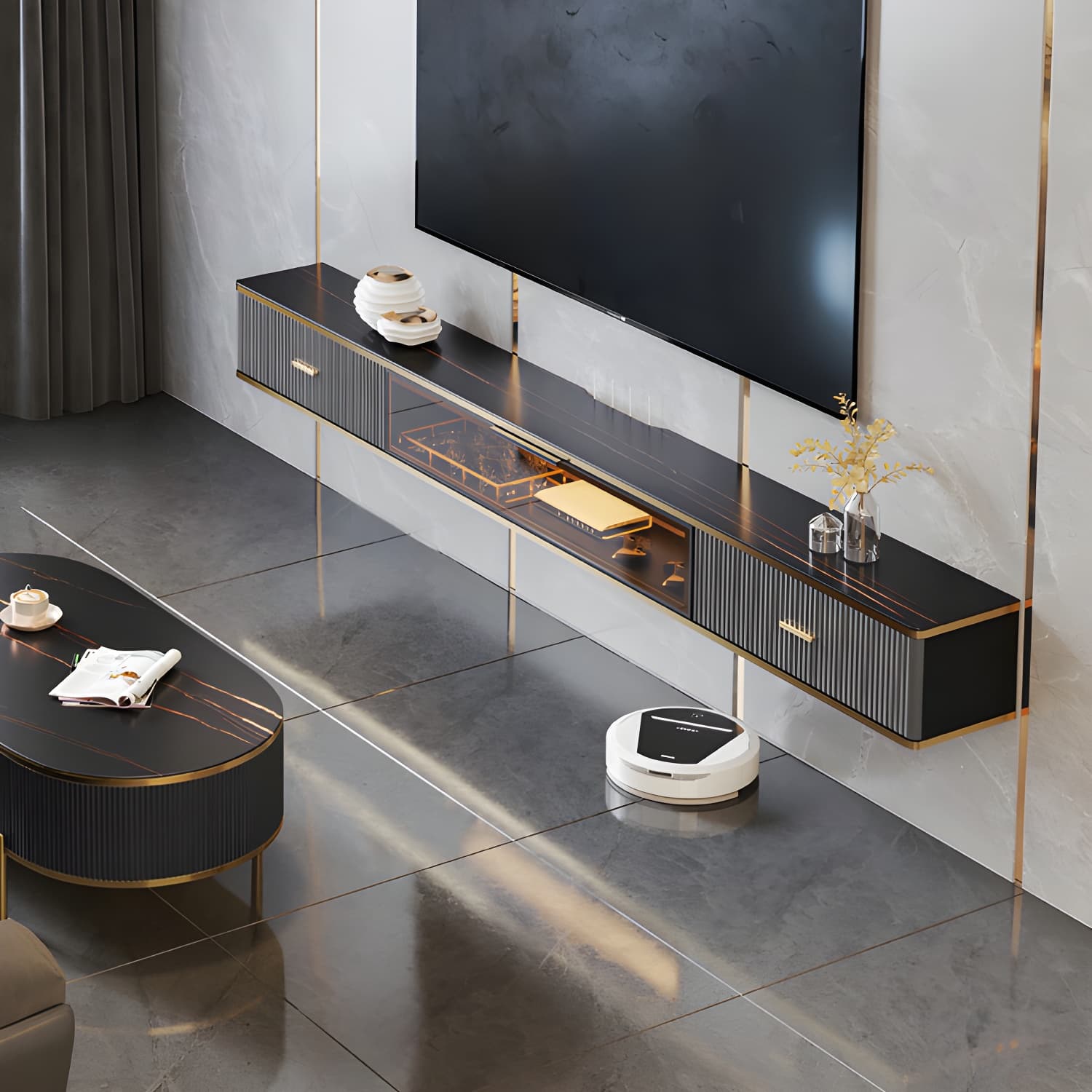 Glam Stone Wall-mounted TV Stand 2 Drawers and 1-Door TV Cabinet - image 7