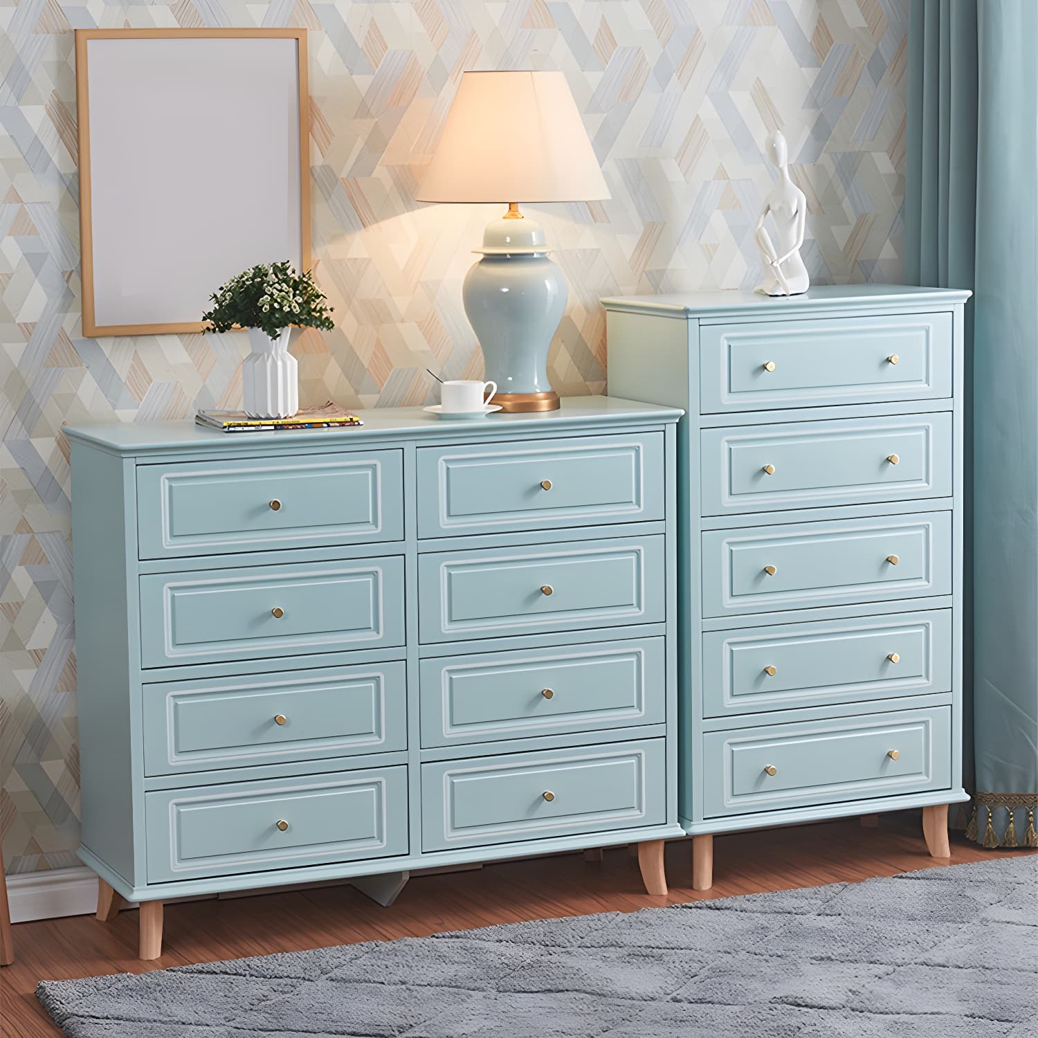Contemporary Blue/ White Wooden Rectangle Accent Chest with Drawers - image 3