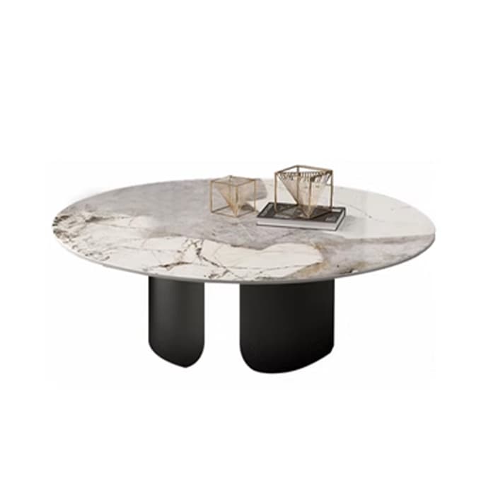Chic Modern Round Beige Stone Top Coffee Table with Industrial Iron Base