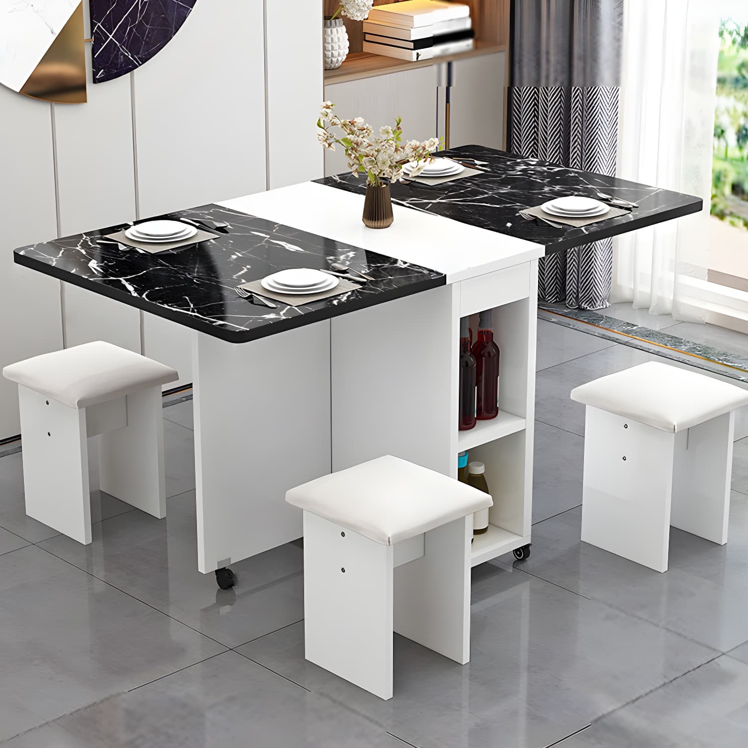 5-Piece Modern Wood Dining Set with Rectangle Table and White Backless Stools
