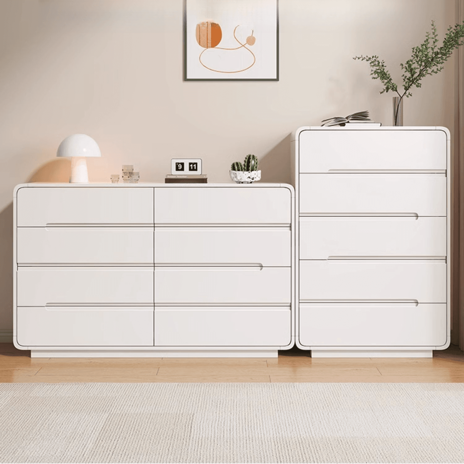 Art Deco White Horizontal/Vertical Bleached Wood Double Dresser/Bachelor Chest with 6 Drawers/8 Drawers/4 Drawers