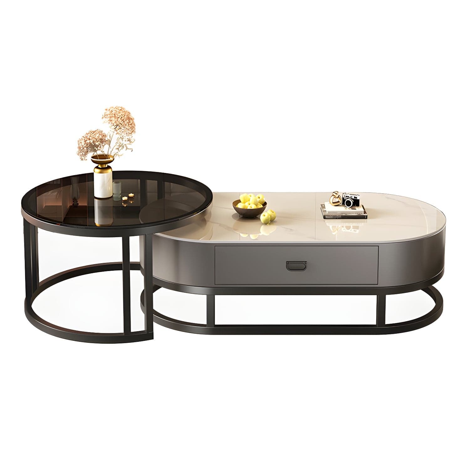 Set of 2 Modern Nesting Stone Coffee Tables with Metal Frame and Drawers - image 7