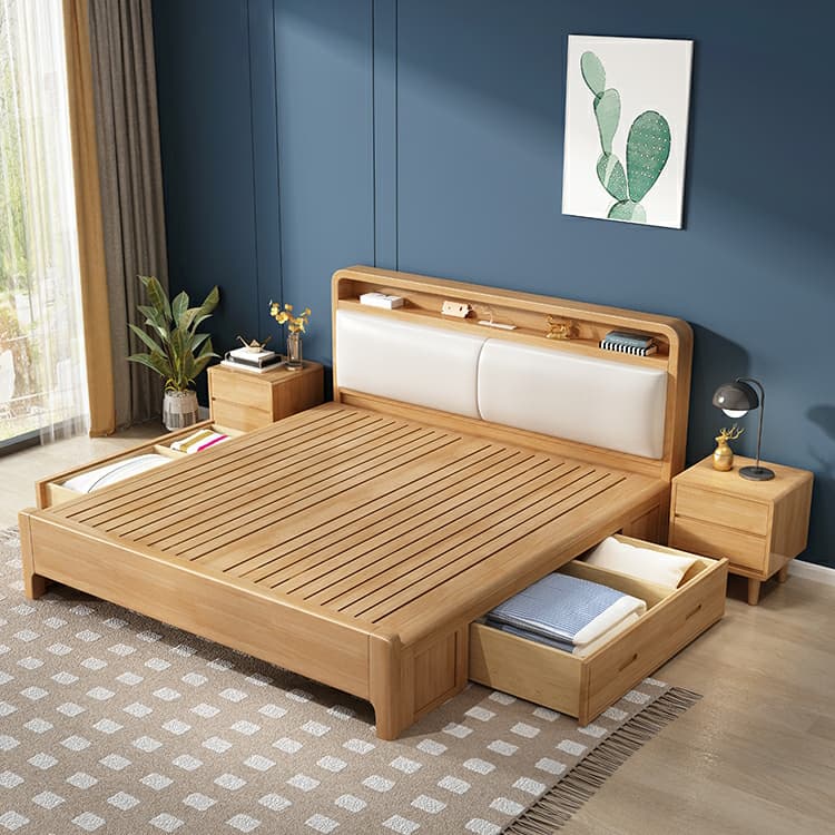 Scandinavian Solid Wood Bed with Four Legs and Upholstered Headboard