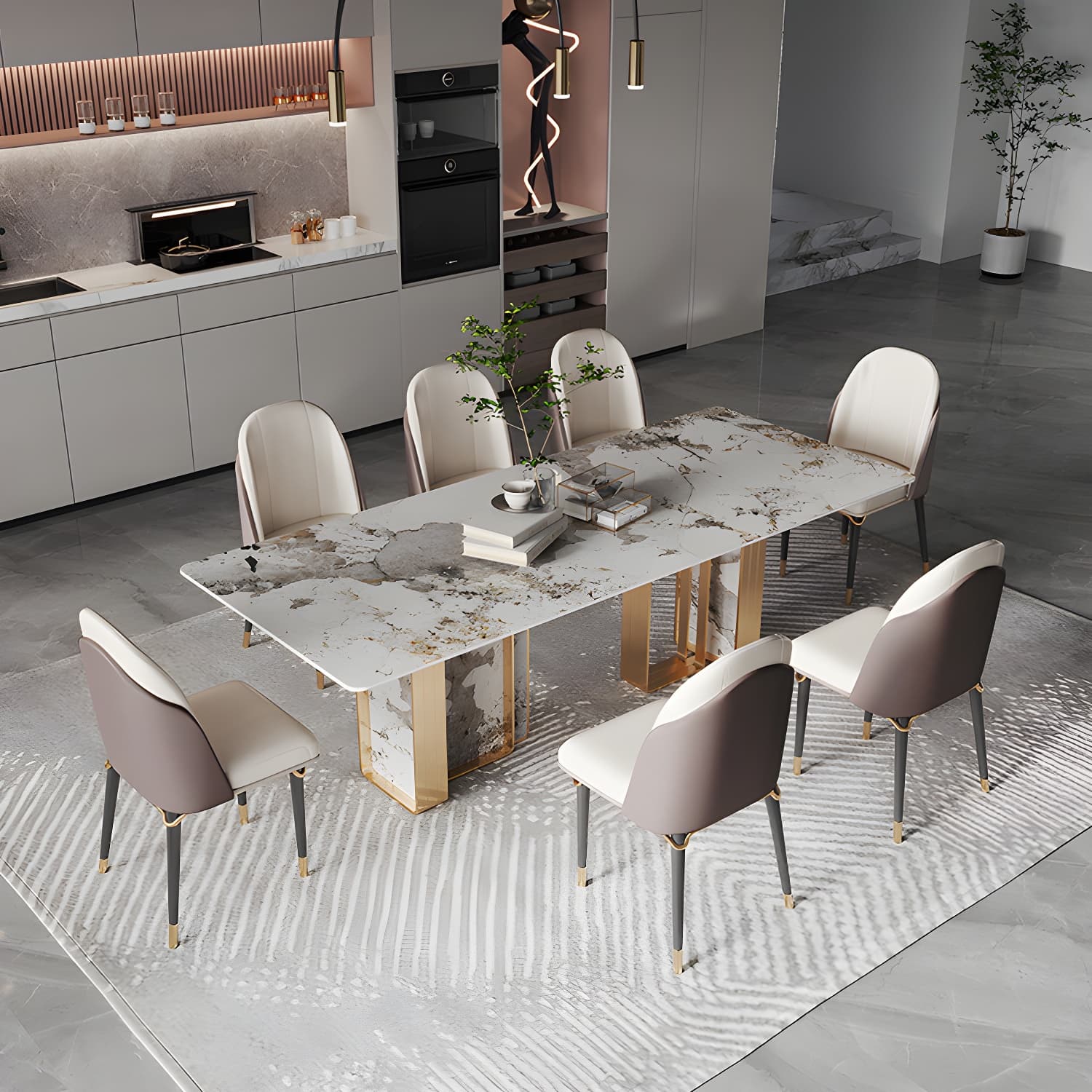 1/4/5/9 Pieces Rectangle Glam Furniture Stone Dining Table Set with Double Pedestal Base - image 11