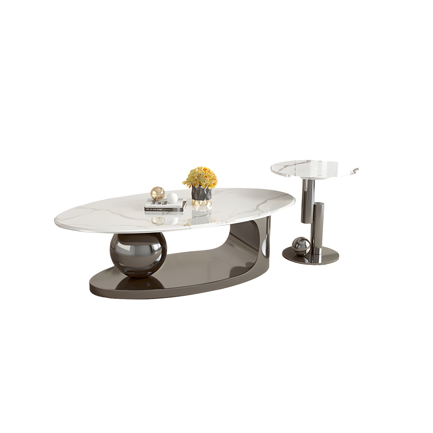 Chic Oval Stone Coffee Table - Modern Elegance with Metal Pedestal Base - image 7