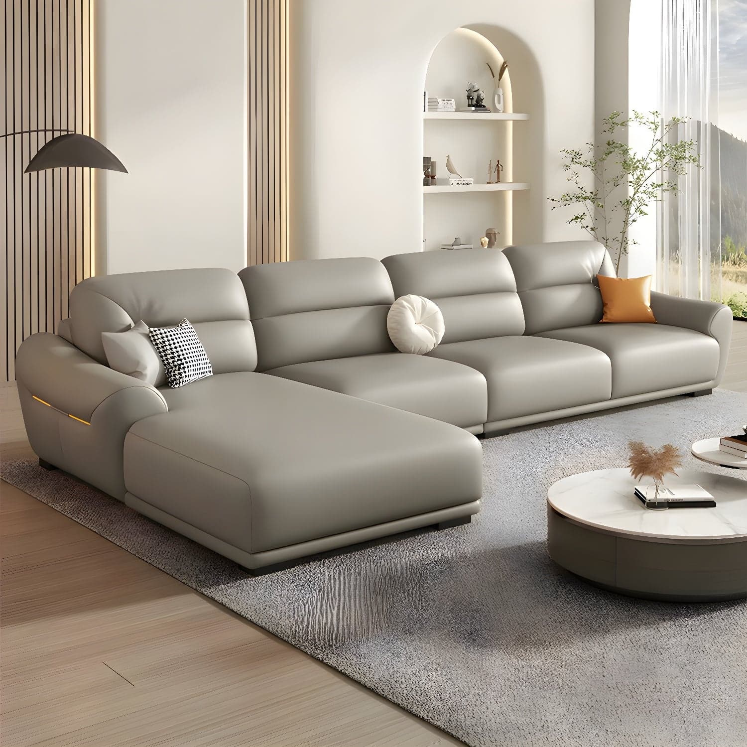 Modern One Arm Genuine Leather Sectional Sofa with Wood Frame