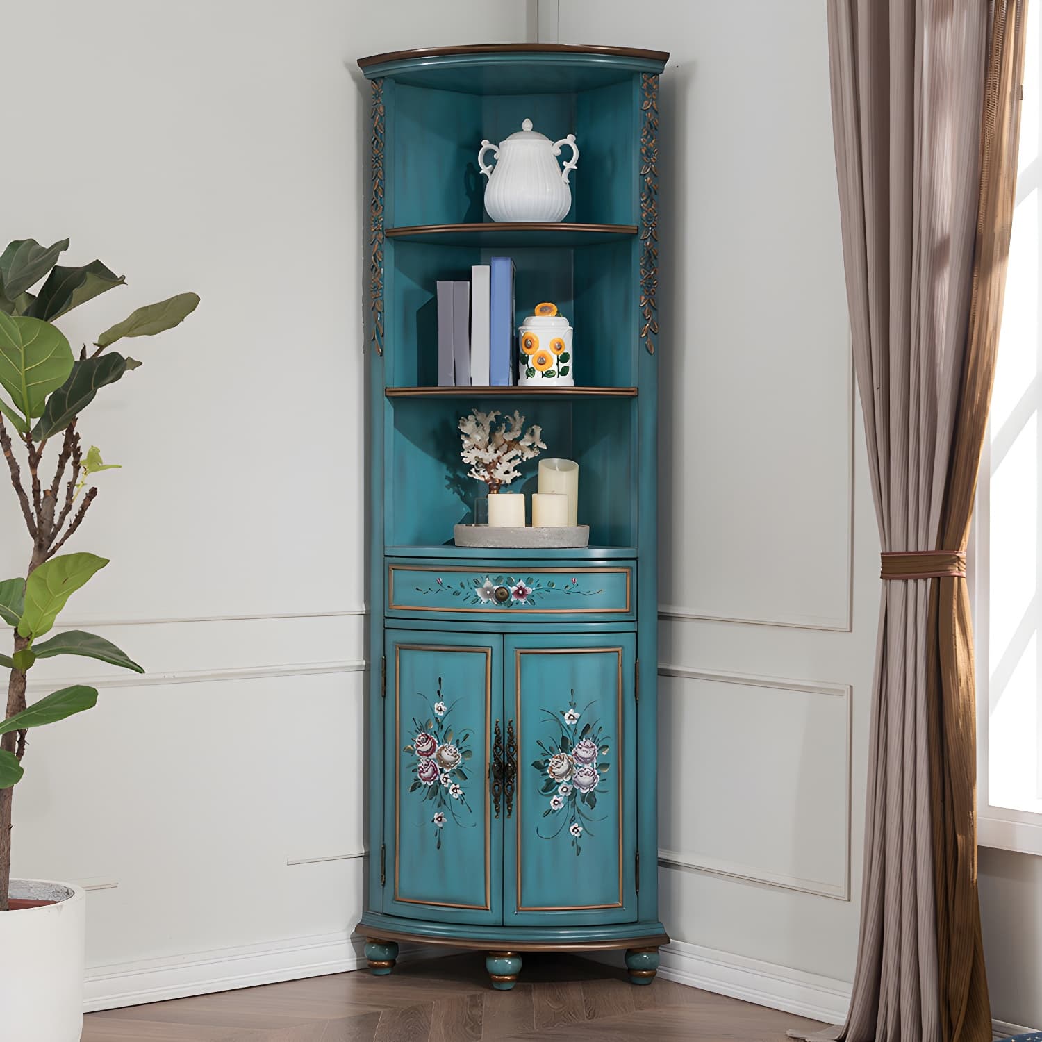 Rustic Corner Accent Cabinet with Wood Counter Top, Drawers, and Cabinet, Small Size - image 8