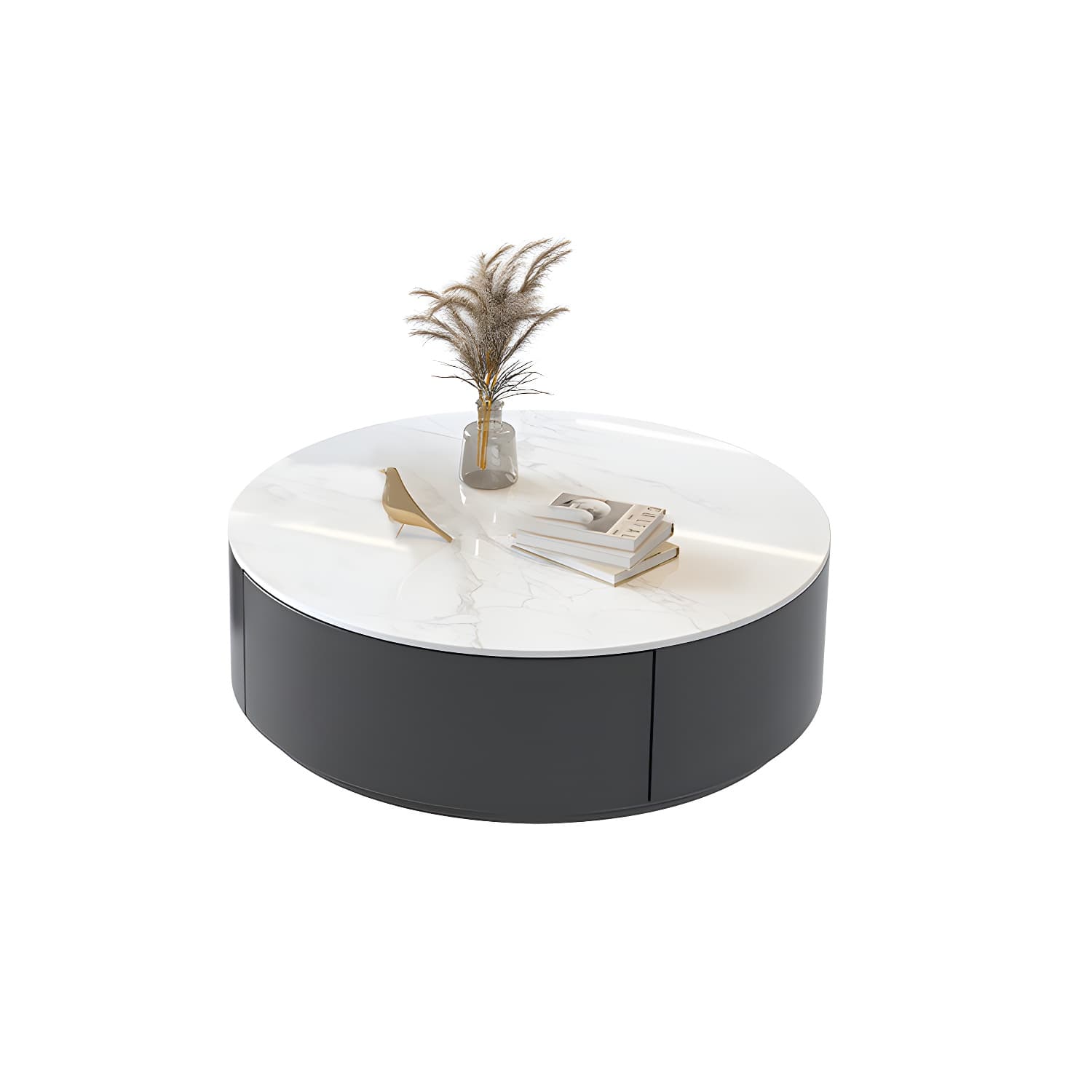Stone Top Coffee Cocktail Table with Drawer Drum Contemporary Round - image 5