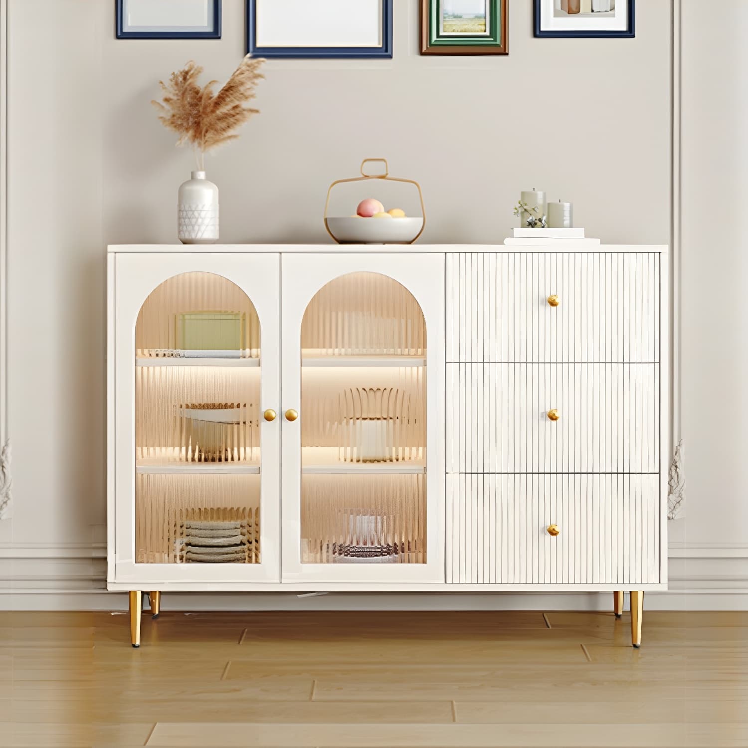 Glam White Wood Sideboard Credenza with Glass Doors and Adjustable Shelves - image 15